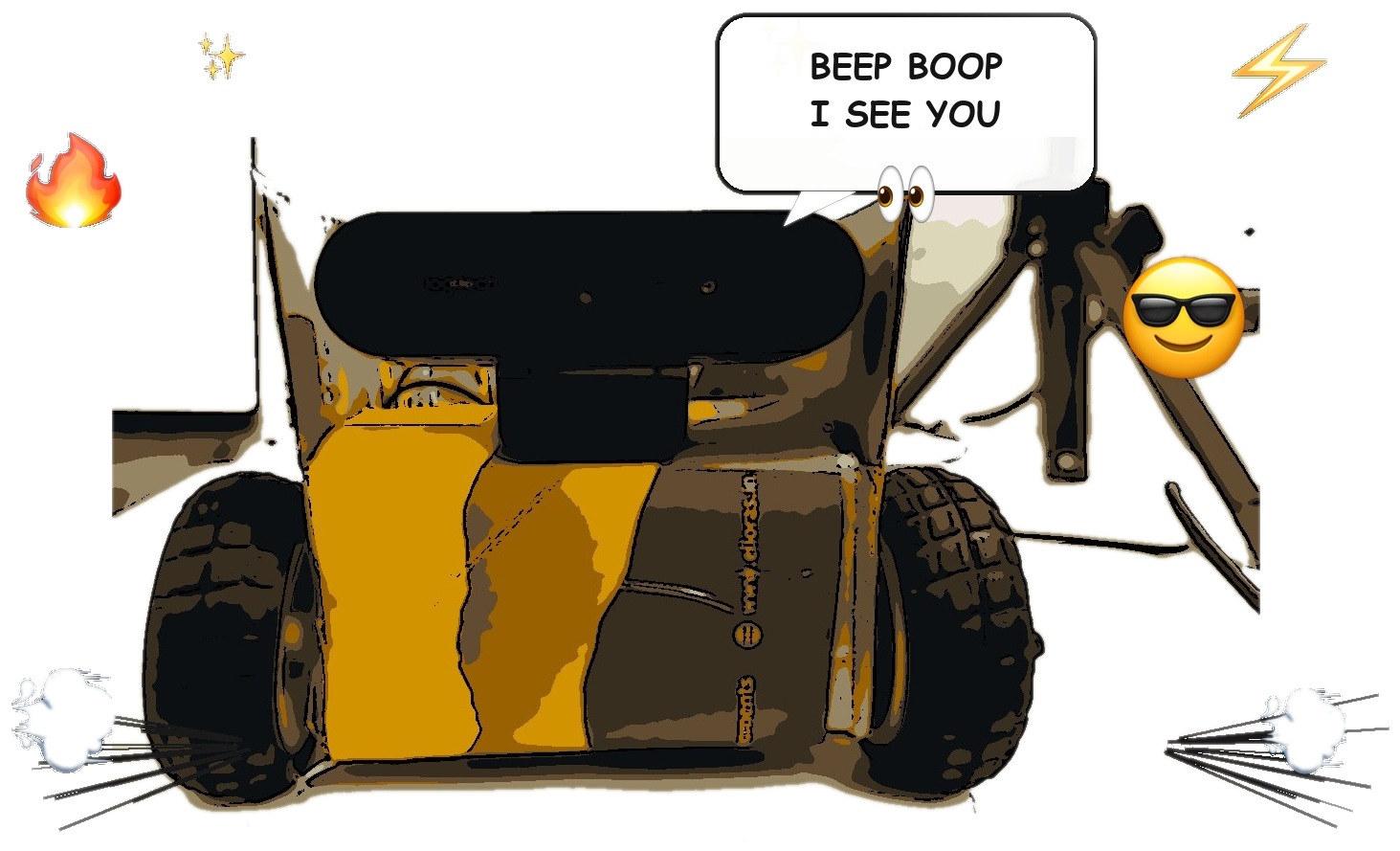 Playful cel-shaded illustration of Boxtron with sunglasses, fire, and a "Beep boop, I see you" speech bubble