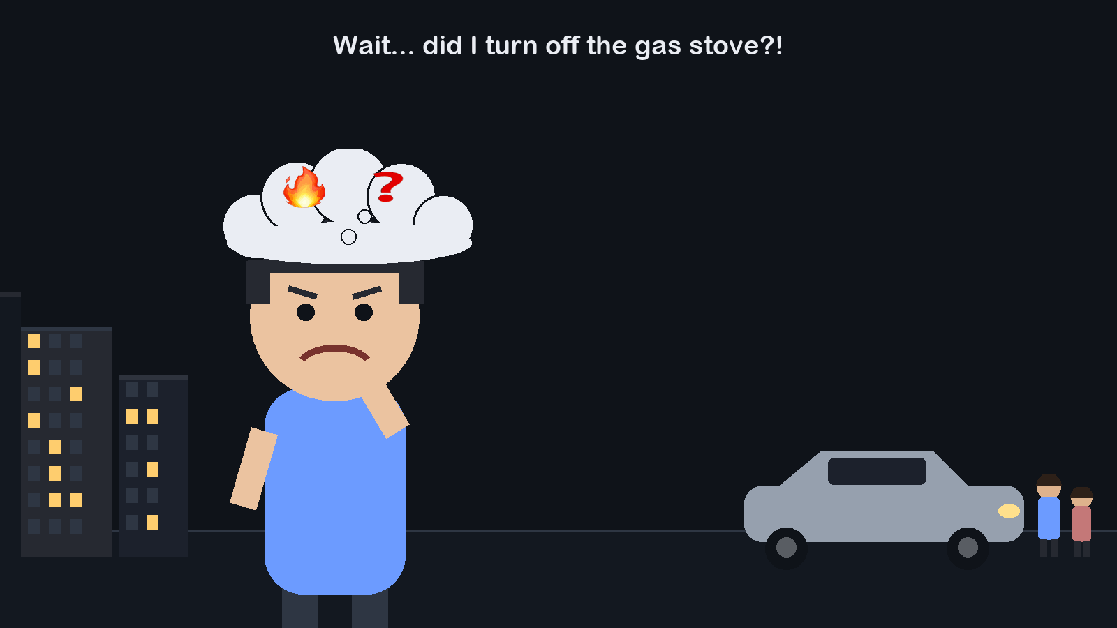 Animated story: a person outside the house worries they left the gas stove on, calls Boxtron on the phone, Boxtron rolls through the house room by room, checks the stove and confirms it's off, and the person is relieved